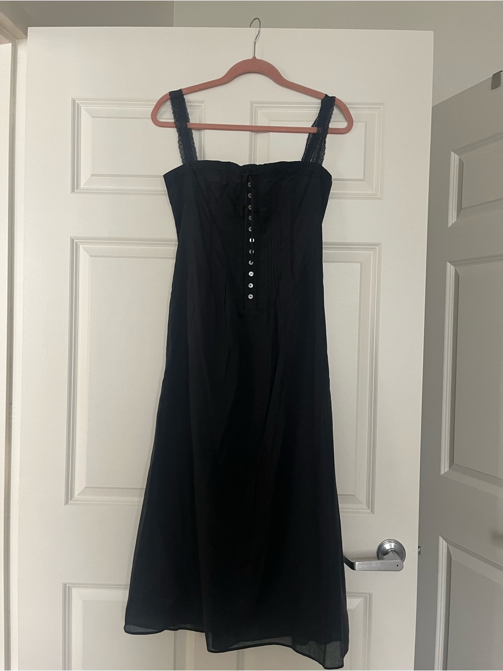 STAUD Black Linen Button-Front Midi Dress
